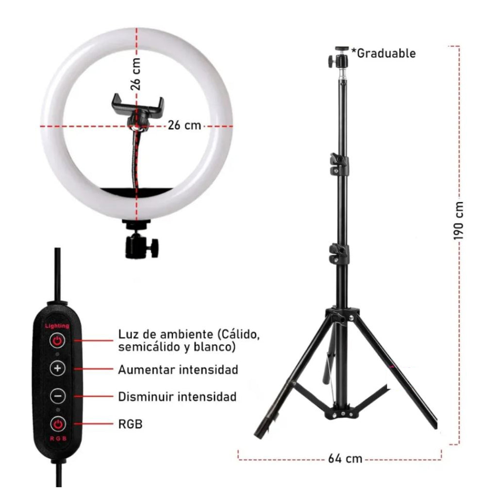 Aro de Luz RGB 26 cm + Trípode de hasta 2.10 m