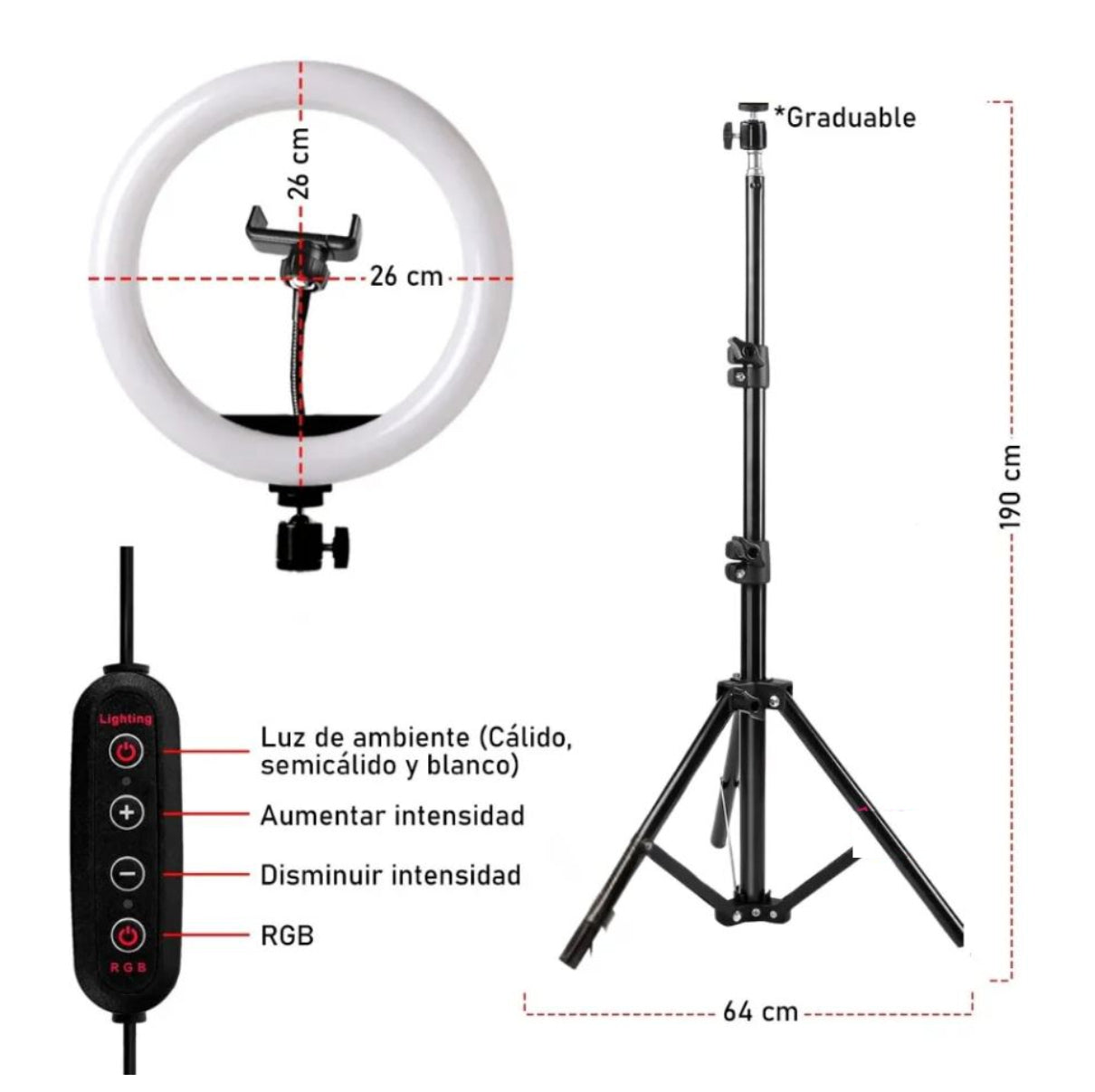 Aro de Luz RGB 26 cm + Trípode de hasta 2.10 m