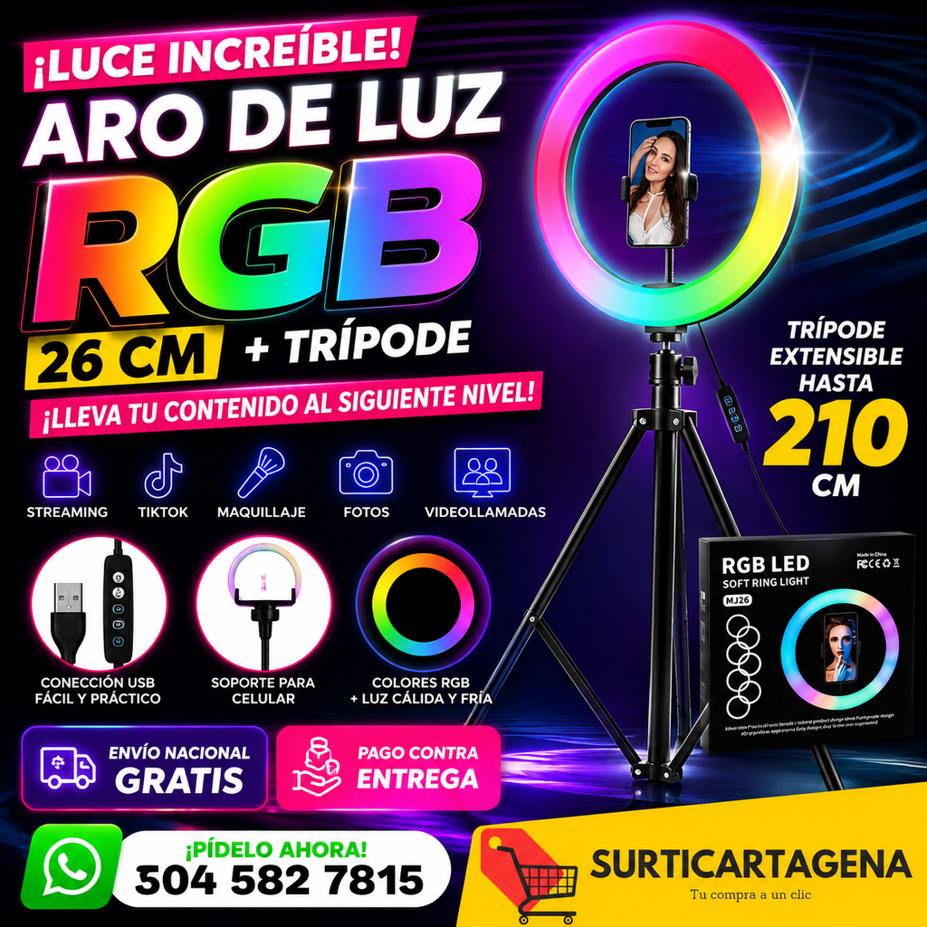 Aro de Luz RGB 26 cm + Trípode de hasta 2.10 m