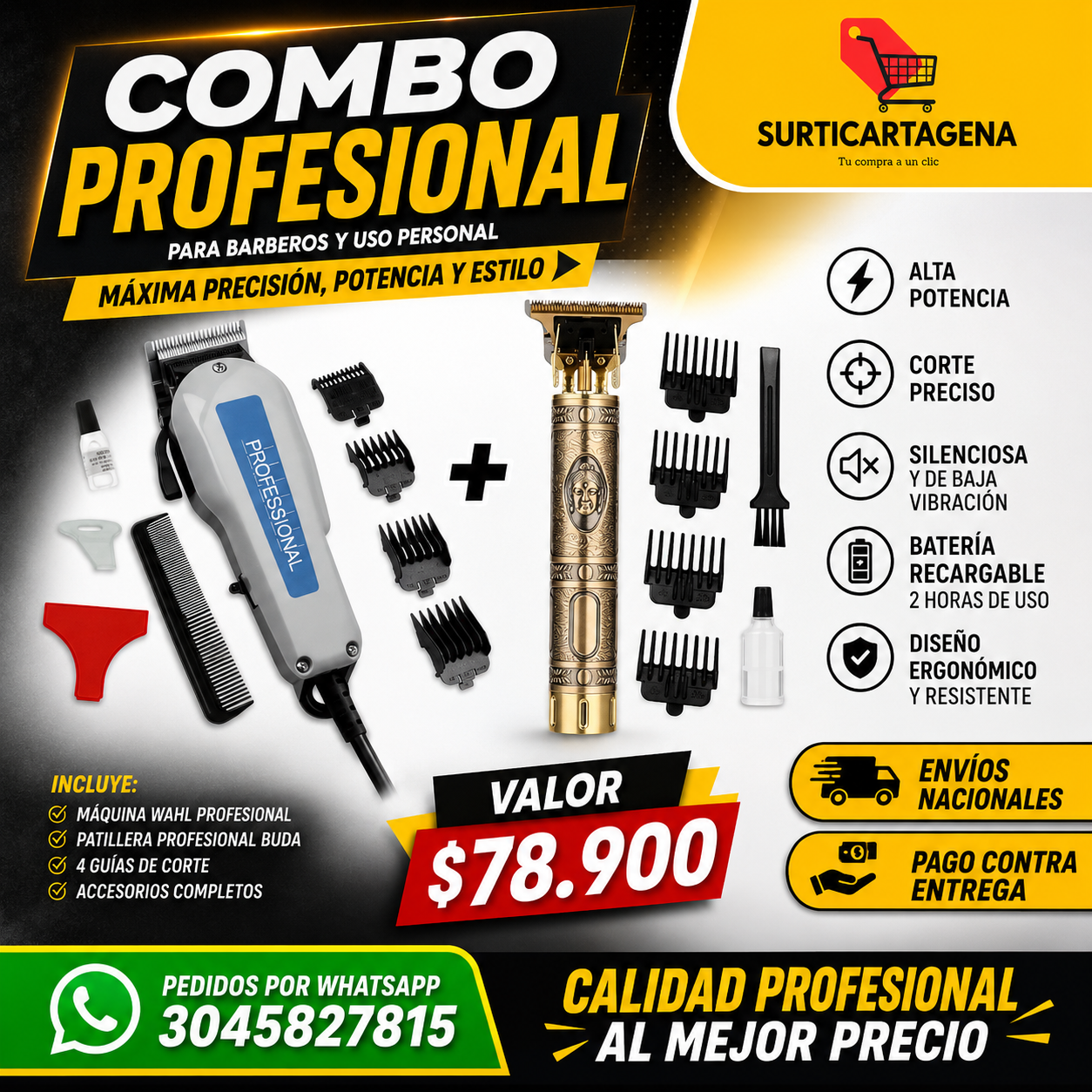 Combo máquina peluquera wahl + patillera profesional buda