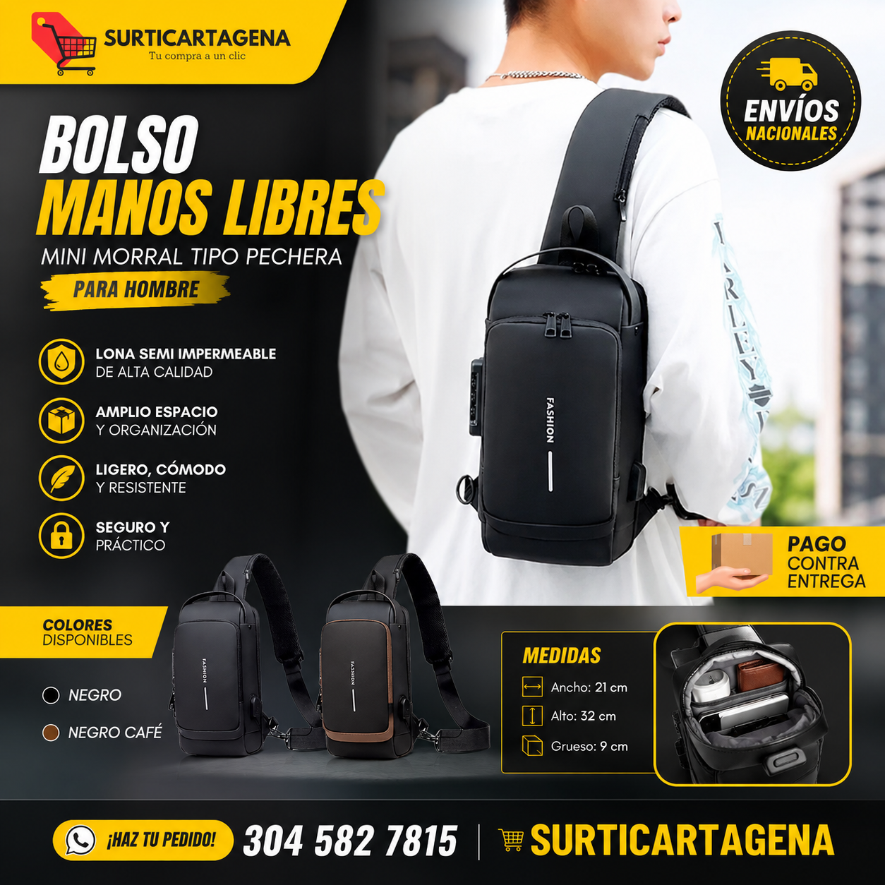 Bolso Manos Libres Mini Morral Tipo Pechera para Hombre