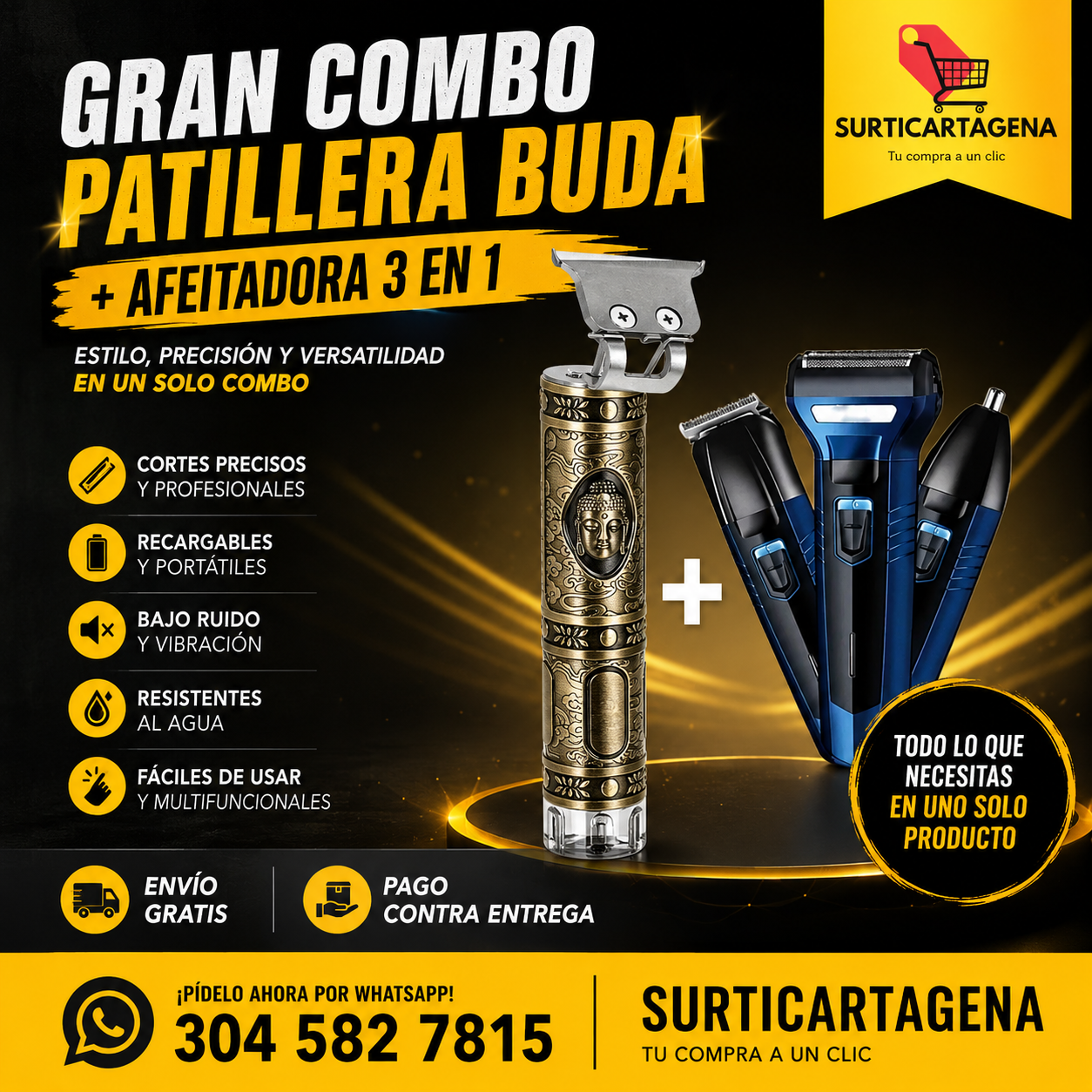 Gran combo patillera buda + afeitadora geemy 3 en 1