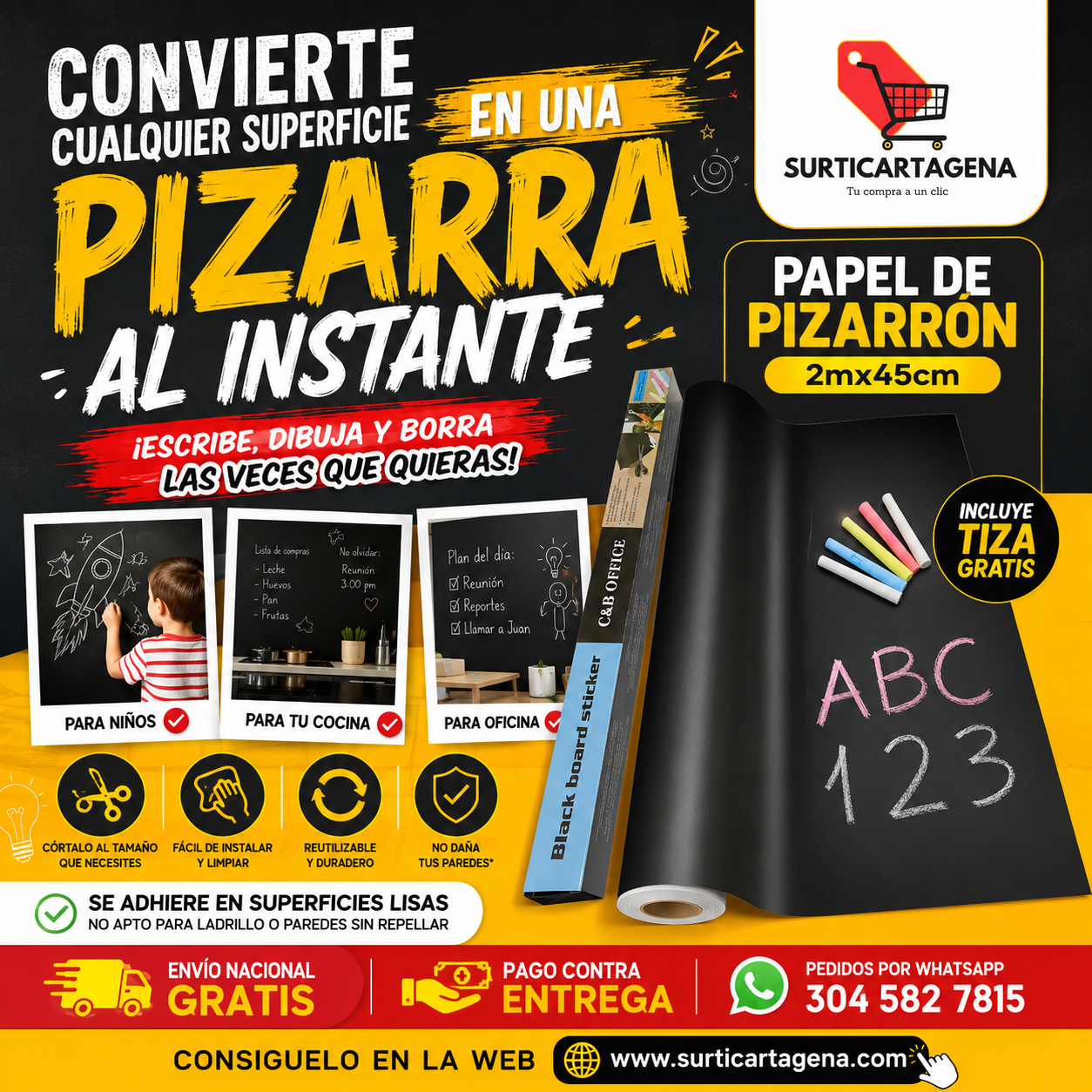 Papel de Pizarrón Adhesivo 2 m x 45 cm