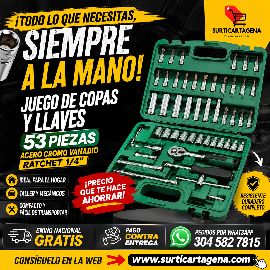 Juego de Copas y Llaves de 53 Piezas en Acero Cromo Vanadio