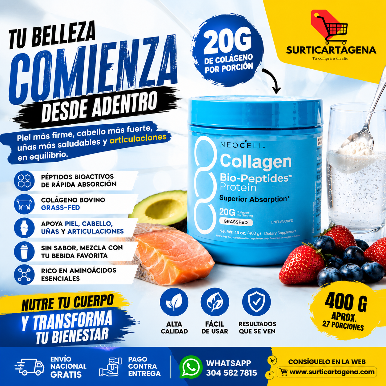 Neocell Collagen Bio-Peptides™ Protein con 20 g de colágeno hidrolizado de alta absorción