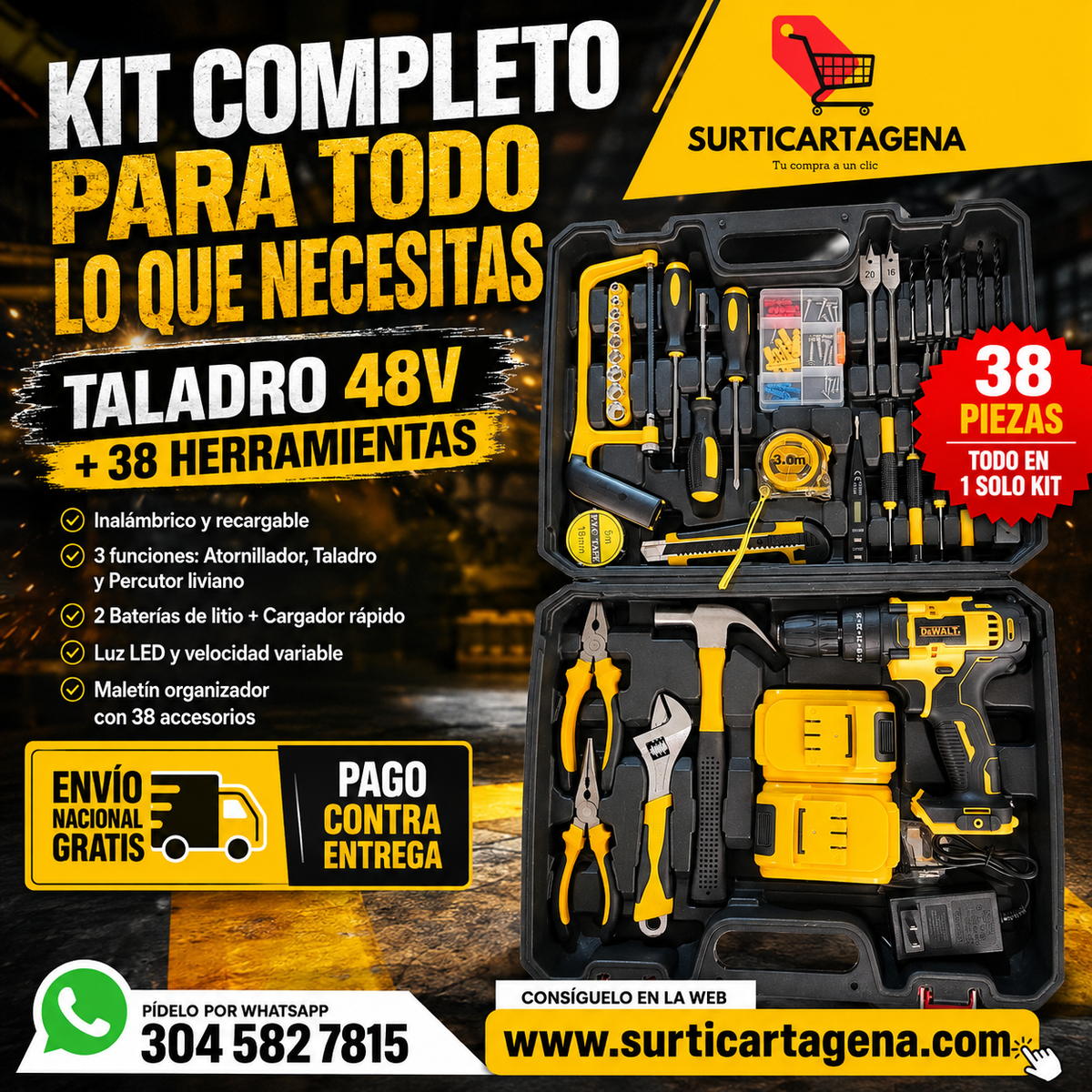 Taladro 48V DEWALT C + KIT DE 38 HERRAMIENTAS