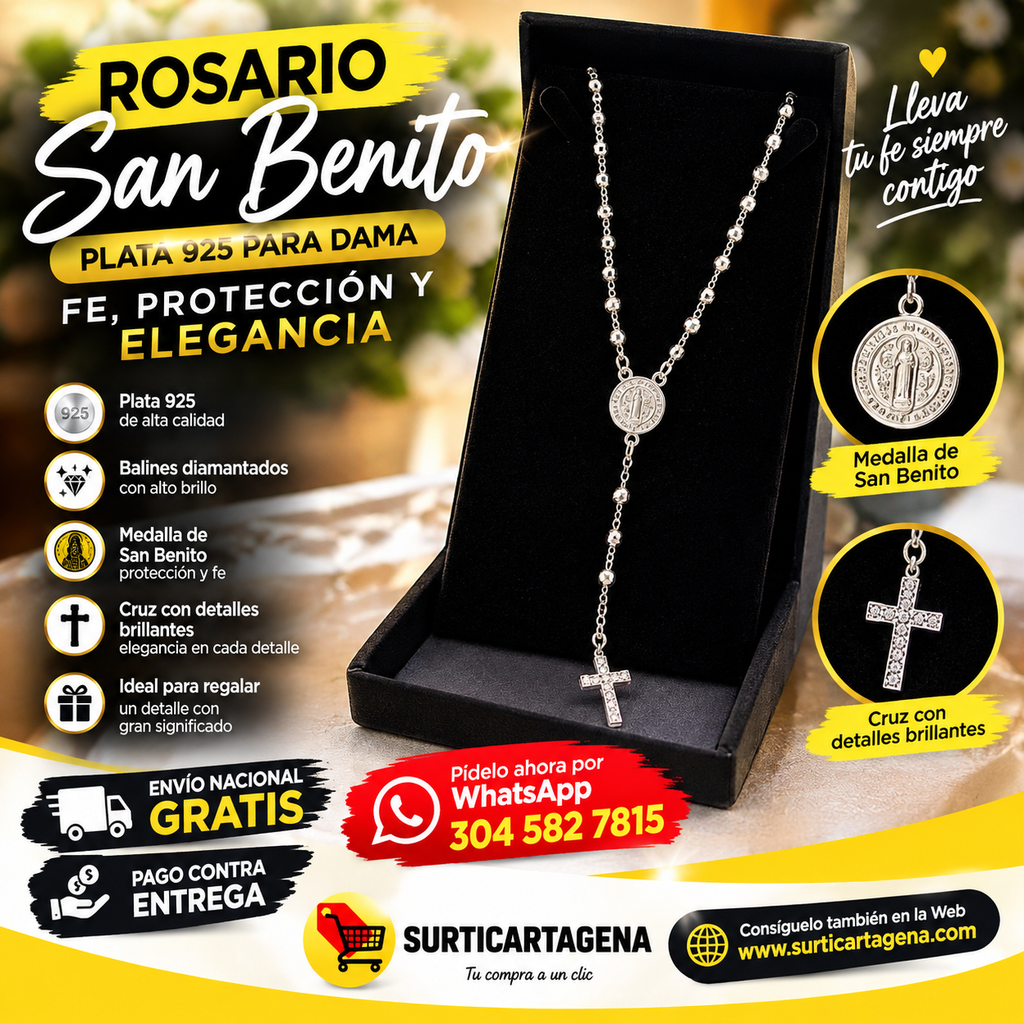 ROSARIO SAN BENITO EN PLATA 925 PARA DAMA