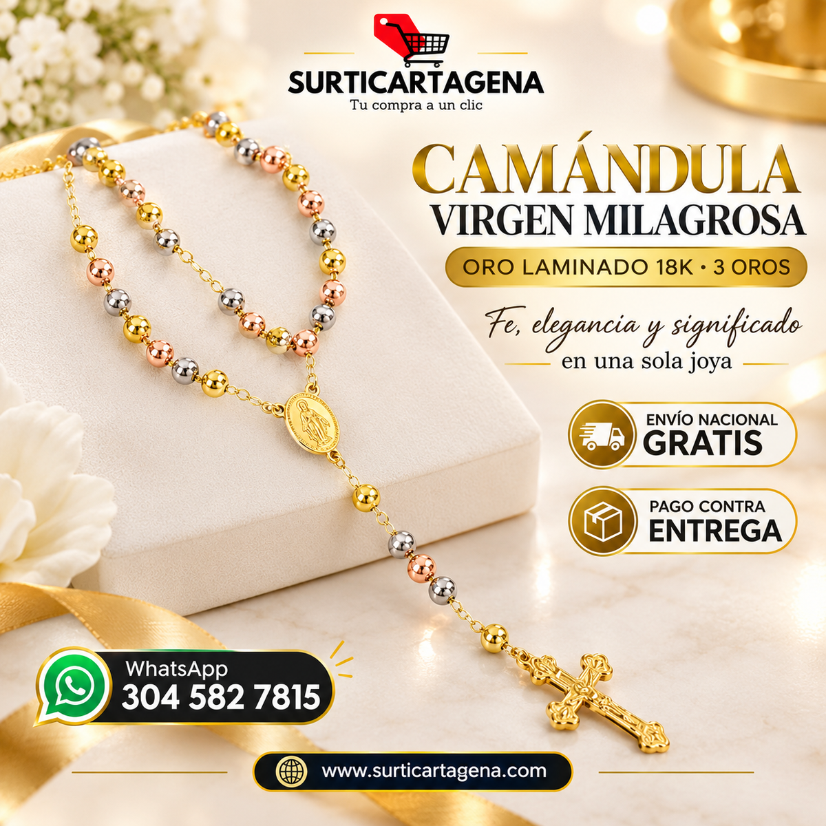CAMÁNDULA VIRGEN MILAGROSA EN ORO LAMINADO 18K – 3 OROS