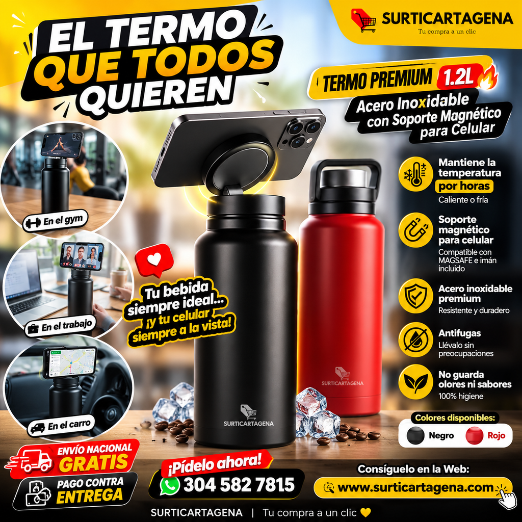 Termo Premium 1.2L con Soporte Magnético para Celular