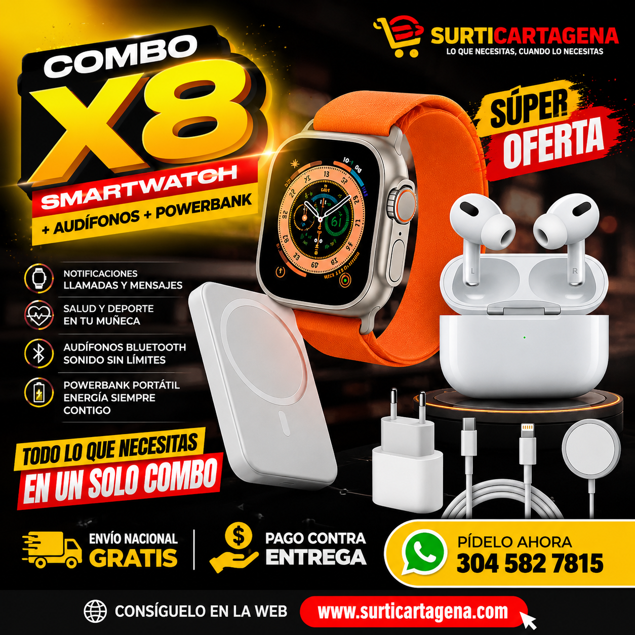 COMBO X8 SMARTWATCH + AUDÍFONOS + POWERBANK